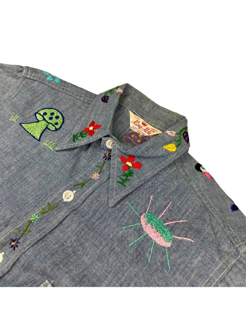 VTG 50's King Kole Men's Hand Sewn Embroidered Denim Button Shirt • Small